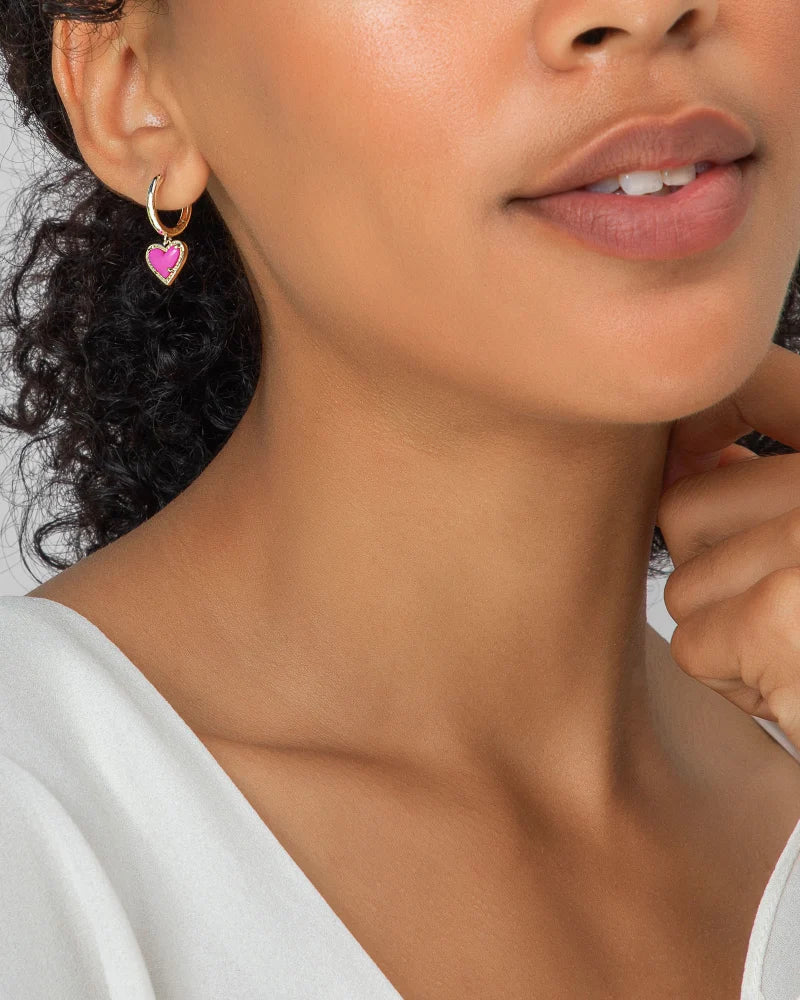 Kendra Scott Ari Heart Huggie Gold Earrings, Rose Quartz